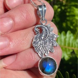 😵 Peacock Blue Flash Labradorite Pendant necklace small 925 sterling silver